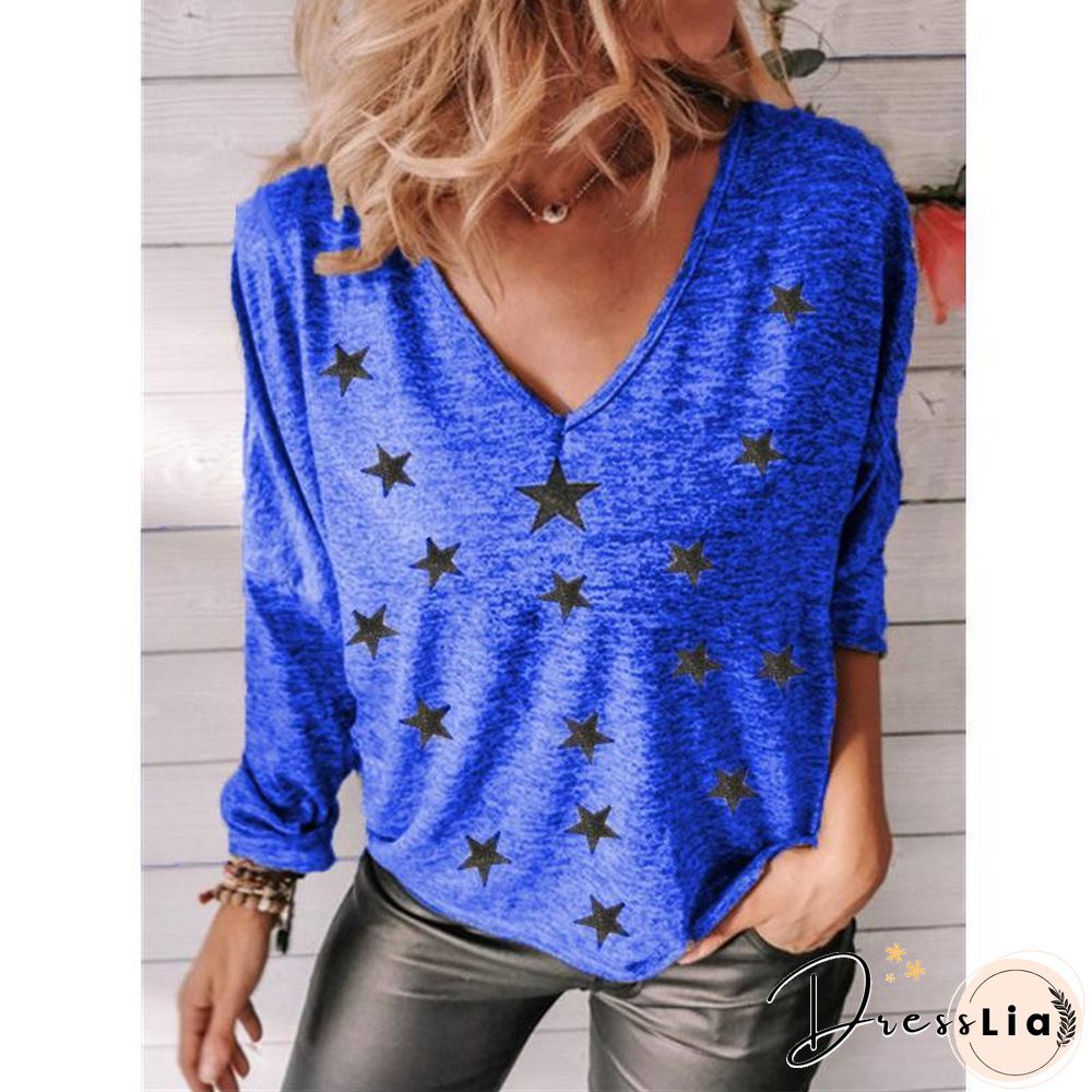 V Neck Stars Printed Long Sleeve Top