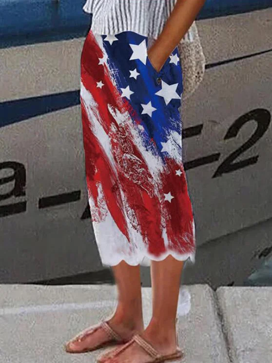 Women's Flag Print Wave Hem Linen Pants