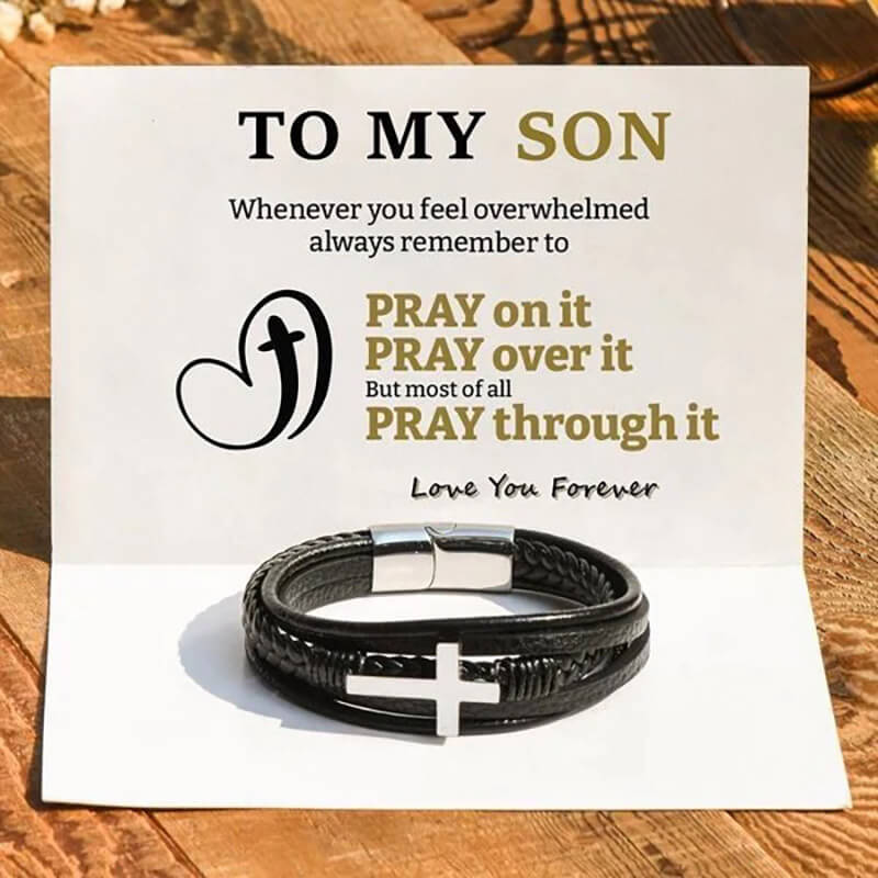 Unique Gift To My Son Pray Through It Leather Cross Bracelet