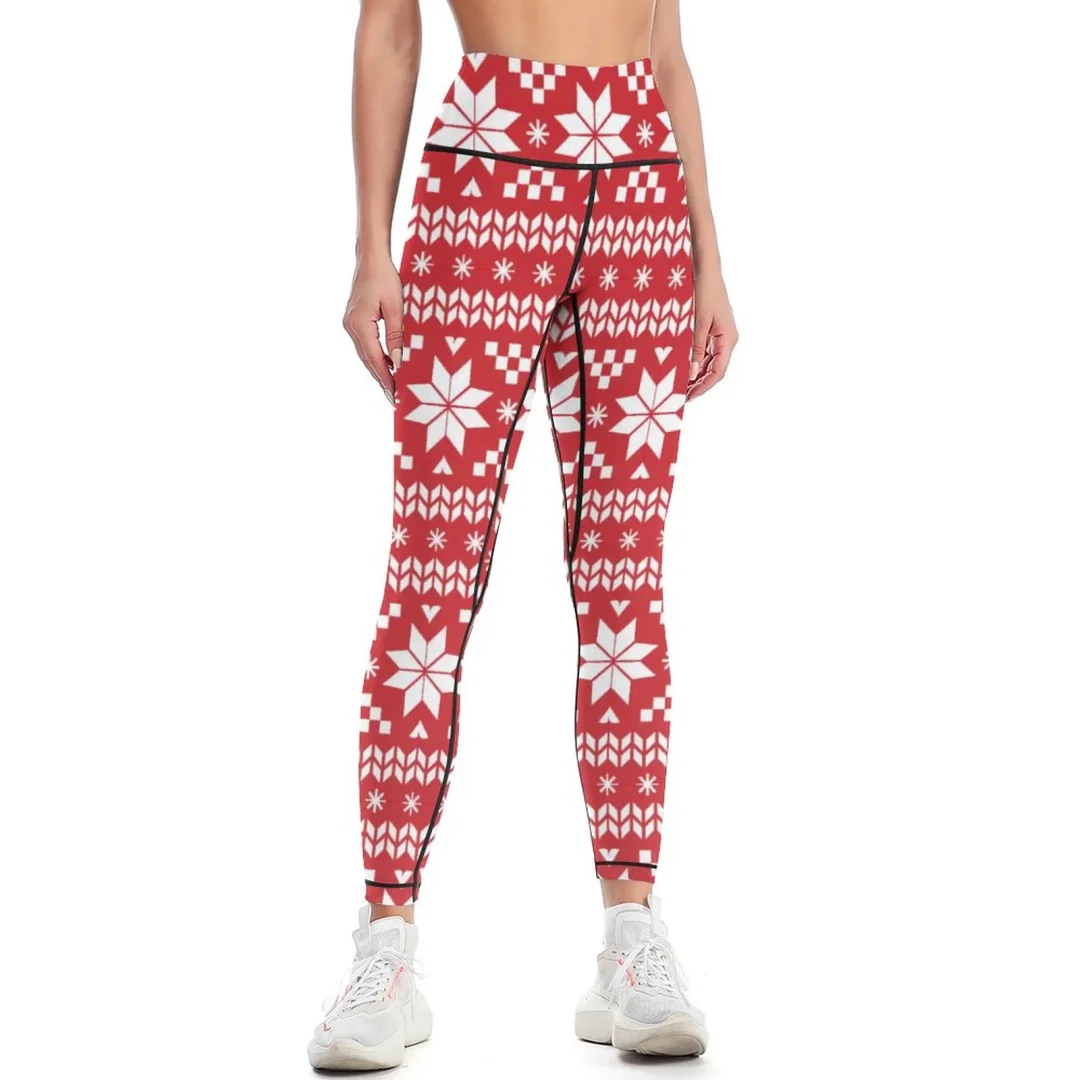 Women Red Fair Isle Yoga Pants High Waisted Tummy Control 4 Way Stretch Full Length Running Workout Leggings