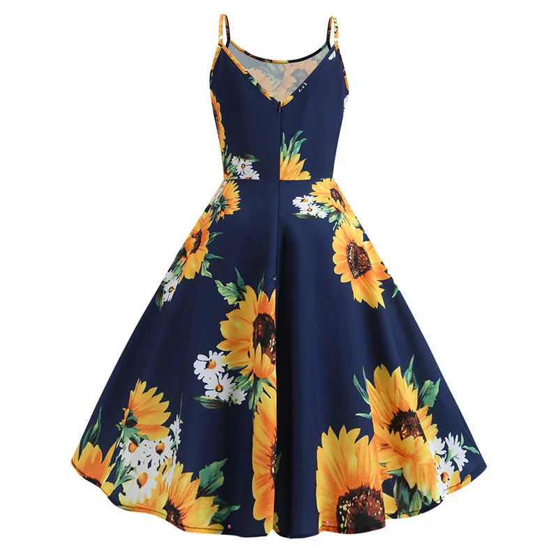 Churchf Sexy Spaghetti Strap Swing Vintage Rockabilly Dresses Floral Summer Beach Dress Women  White Boho Sunflower Midi Dresses-Outfit Ideas