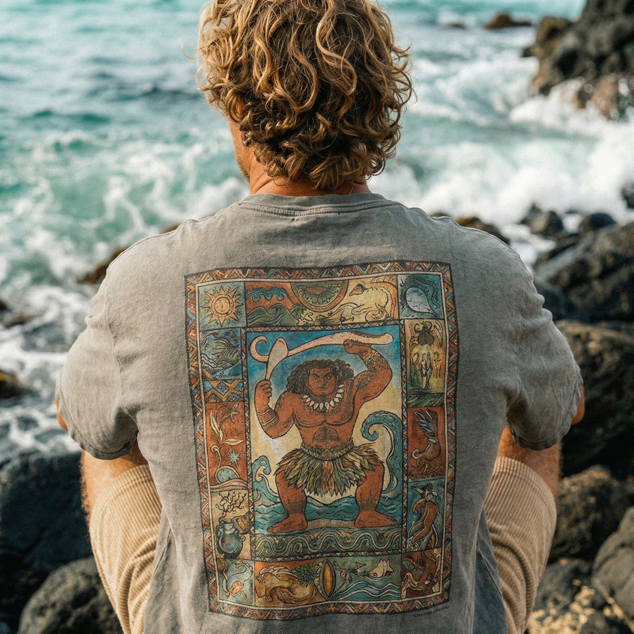 Cotton Vintage-Inspired Graphic T-Shirt with Polynesian Art Design