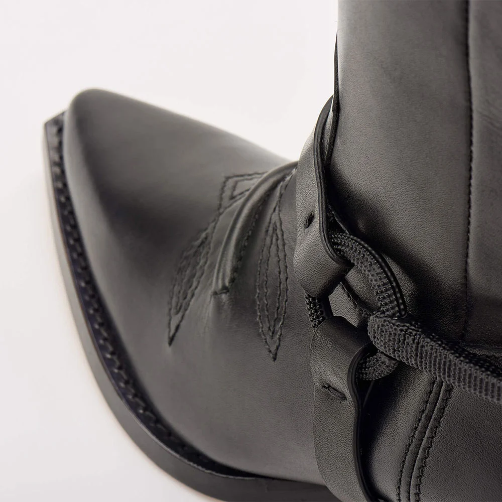 Black Faux Leather Pointed Toe Chunky Heel Stitching Knee High Boots