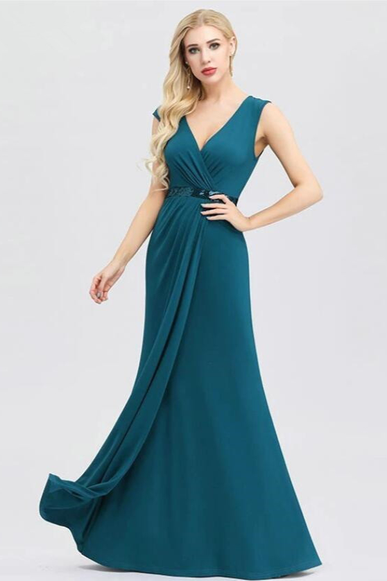 Elegant V-Neck Teal Sleeveless Prom Dress Long Sequins Evening Party Gowns Online - lulusllly