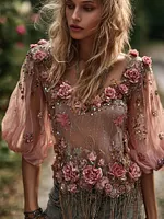 Women's Bohemian Rose Embroidery Lightweight Short Sleeve V-neck Top