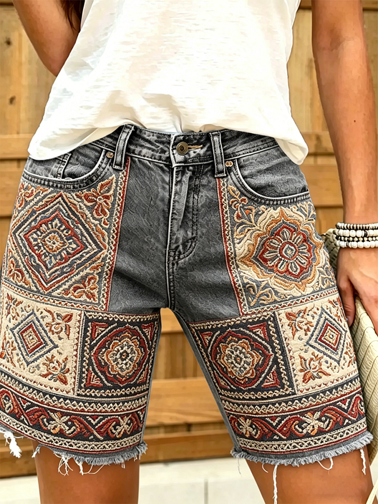 Women's Retro Bohemian Floral Art Print Casual Washed Cotton Denim Shorts