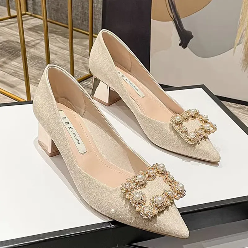 Breakj Breakj Women 2025 New Spring And Autumn Sharp Champagne Wedding Shoes Wedding Shoes Autumn Wedding Coarse Heel High-Heeled Shoes