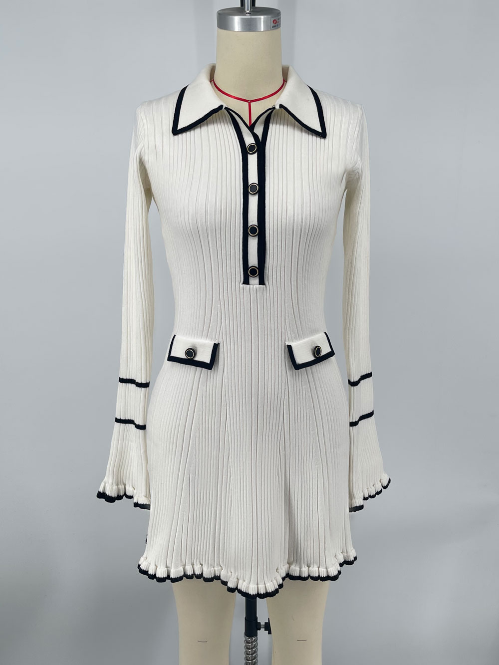 Ootddress Ruffled Fashion Knit Dress Women Autumn Ribbed Contrast Long Sleeve High Waist Lapel Gown Dress Knitwear Ladies Maxi Dress