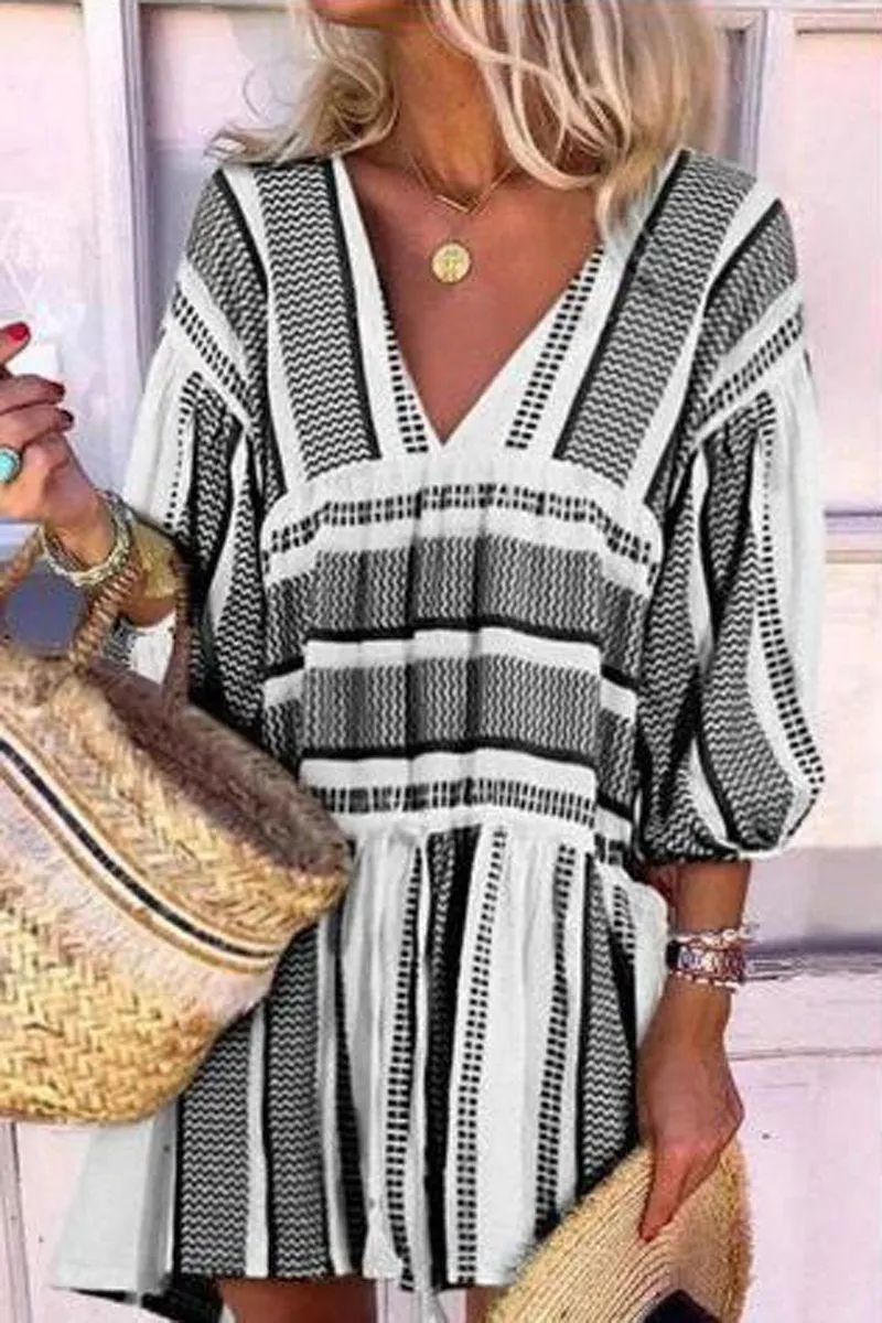 V-Neck Stripe Three Quarter Sleeve Dress