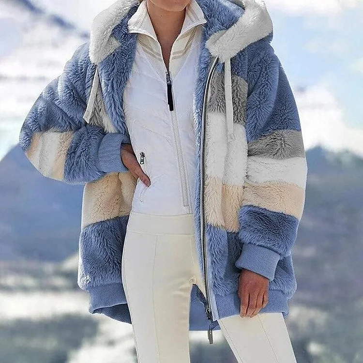 Veste d'hiver 2023 en peluche à capuche et color block pour femme avec poches