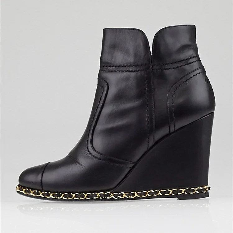 Black Gold Chains Wedge Booties |FSJ Shoes