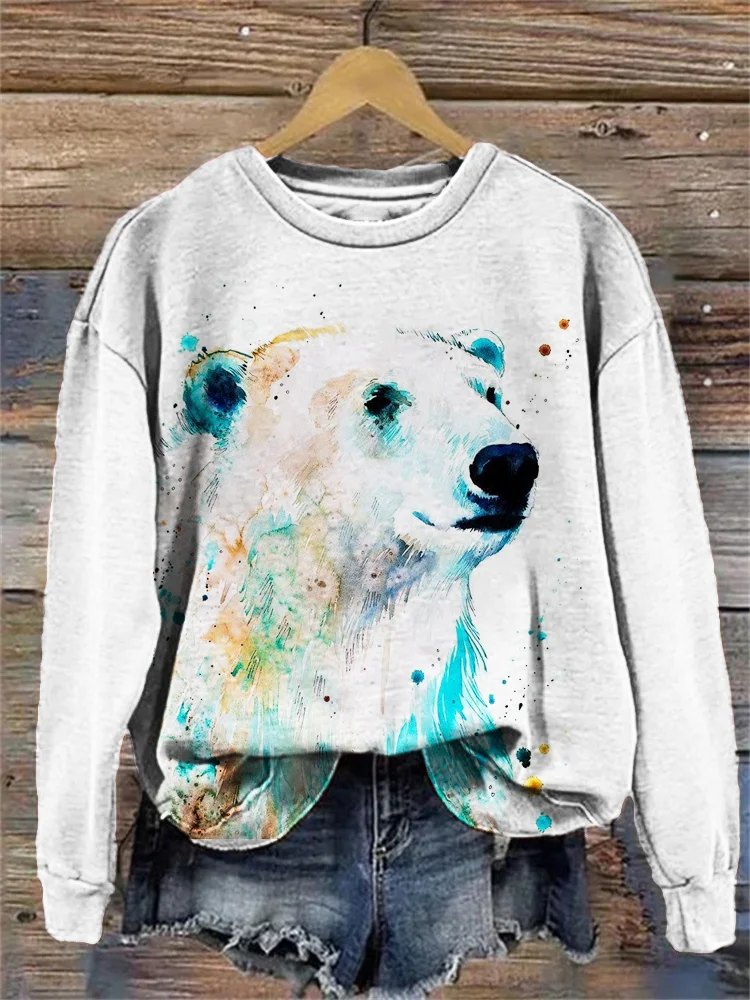 Wearshes Watercolor Polar Bear Print Sweatshirt