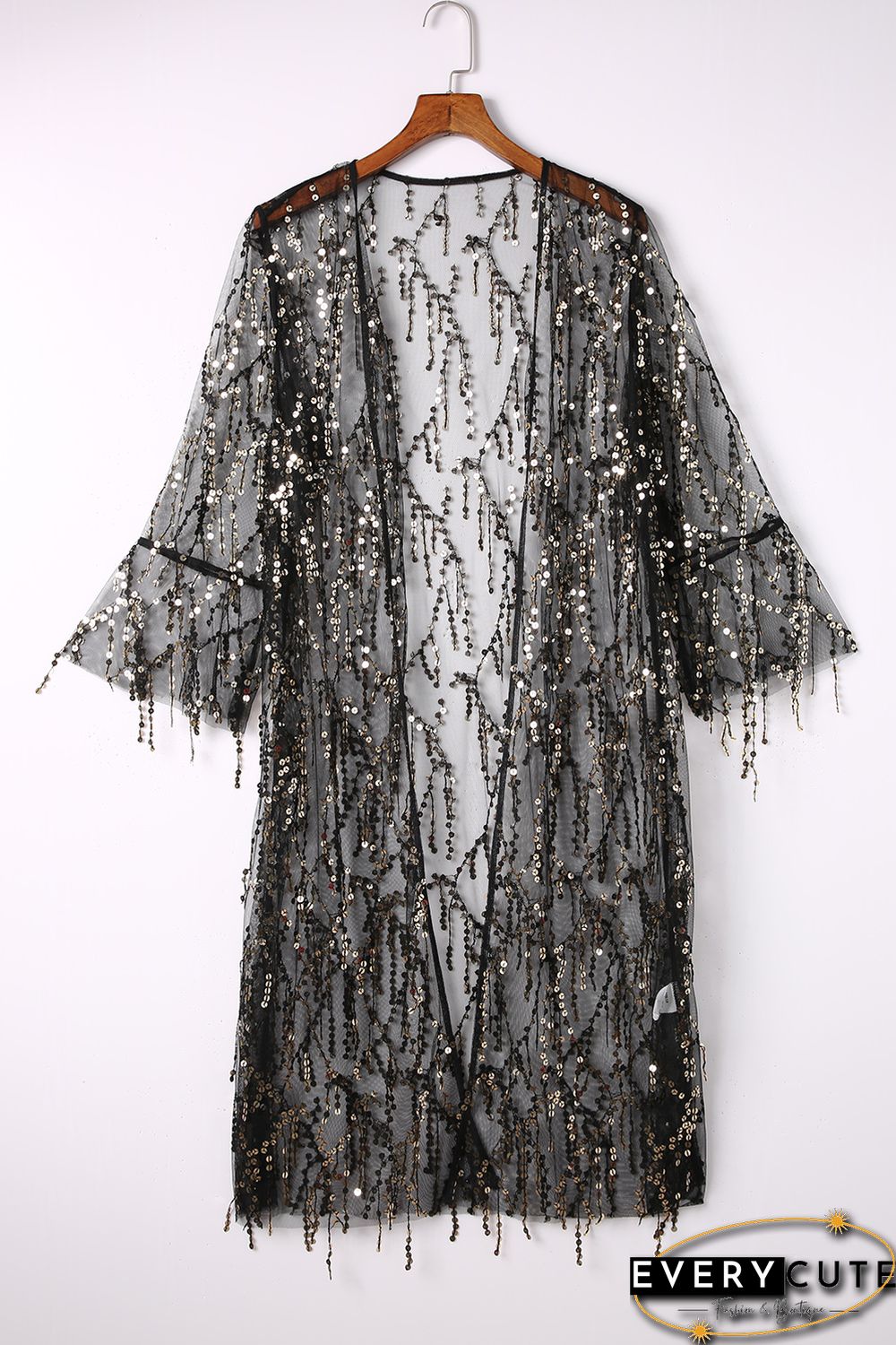 Black 3/4 Bell Sleeve Sequin Sheer Kimono