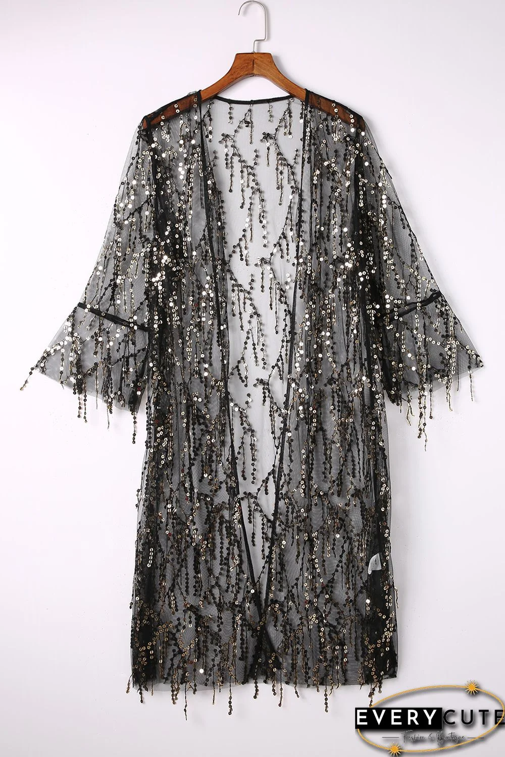 Black 3/4 Bell Sleeve Sequin Sheer Kimono