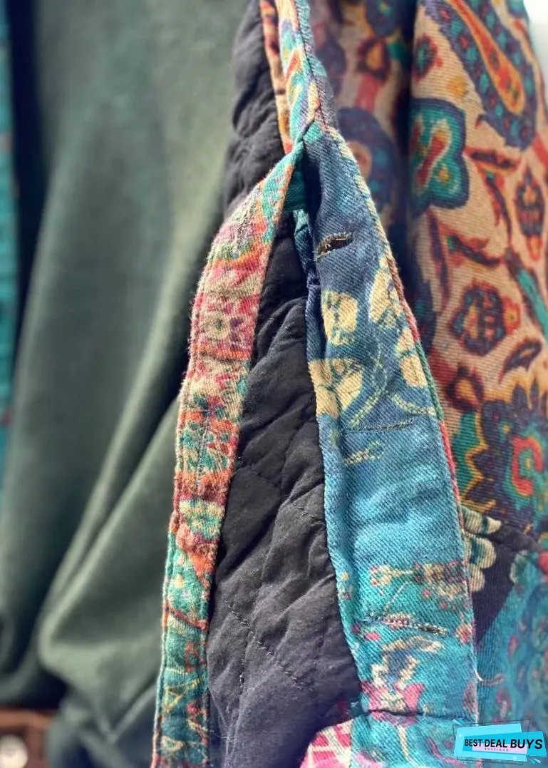 Retro Print Asymmetrical Patch Cotton Filled Batwing Sleeve Jacket Winter