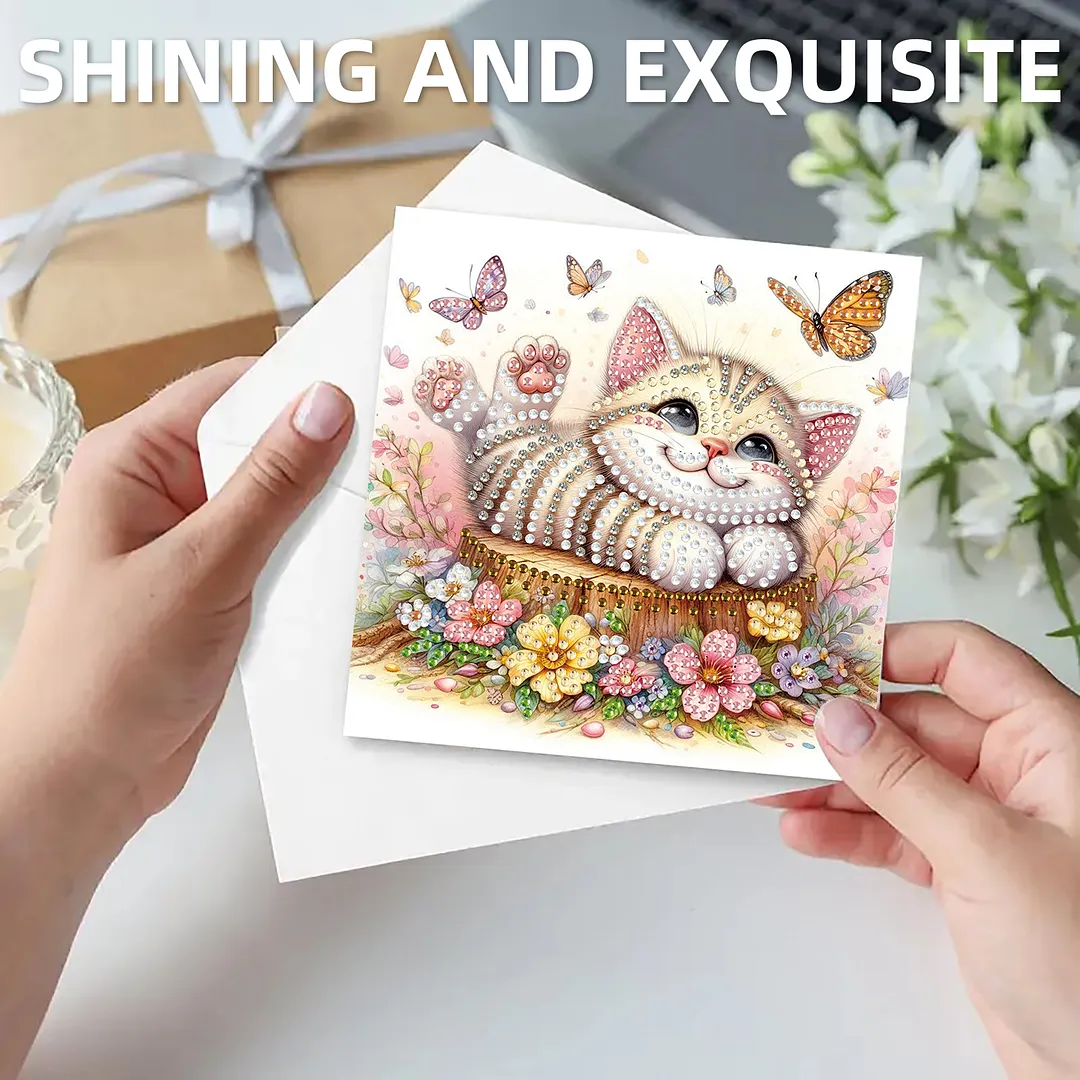 6pcs Cat And Flower Pattern DIY Diamond Painting Greeting Card Set with Envelope Diamond Painting Daily Wishing Cards for Birthdays Thanksgiving & Special Occasion