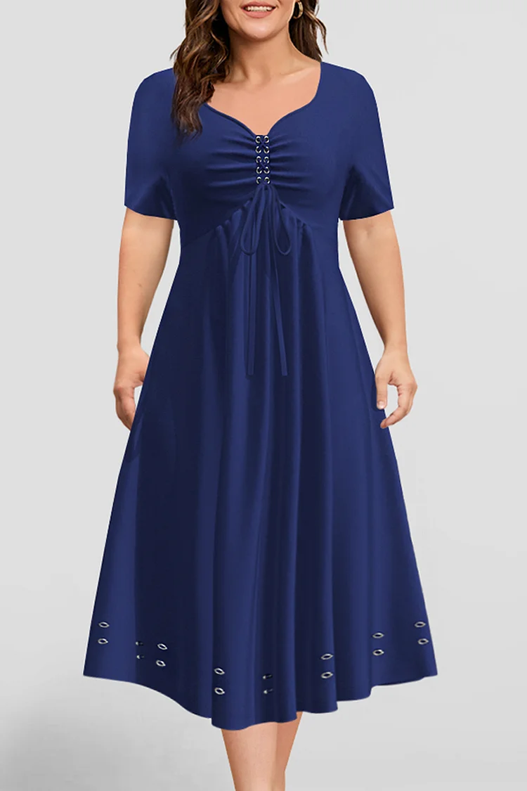 Flycurvy Plus Size Casual Navy Blue Eyelet Washer Pleated Tunic Tea-Length Dress  Flycurvy [product_label]