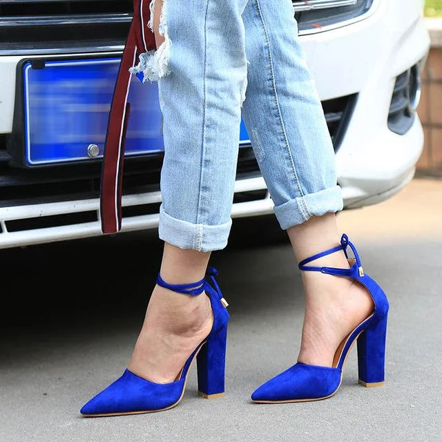 Royal Blue Heels Vegan Suede Pointy Toe Tie up Trendy Chunky Heel Pumps |FSJ Shoes