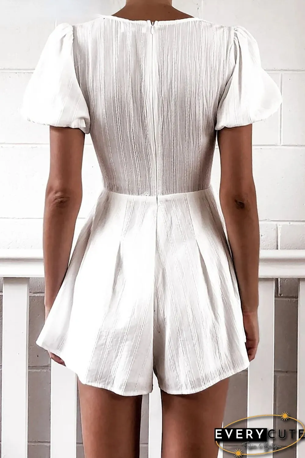 Women's Summer White Jumpsuit Puff Sleeve Deep V-Neck Casual Jumpsuit Retro French Jumpsuit Wide Leg