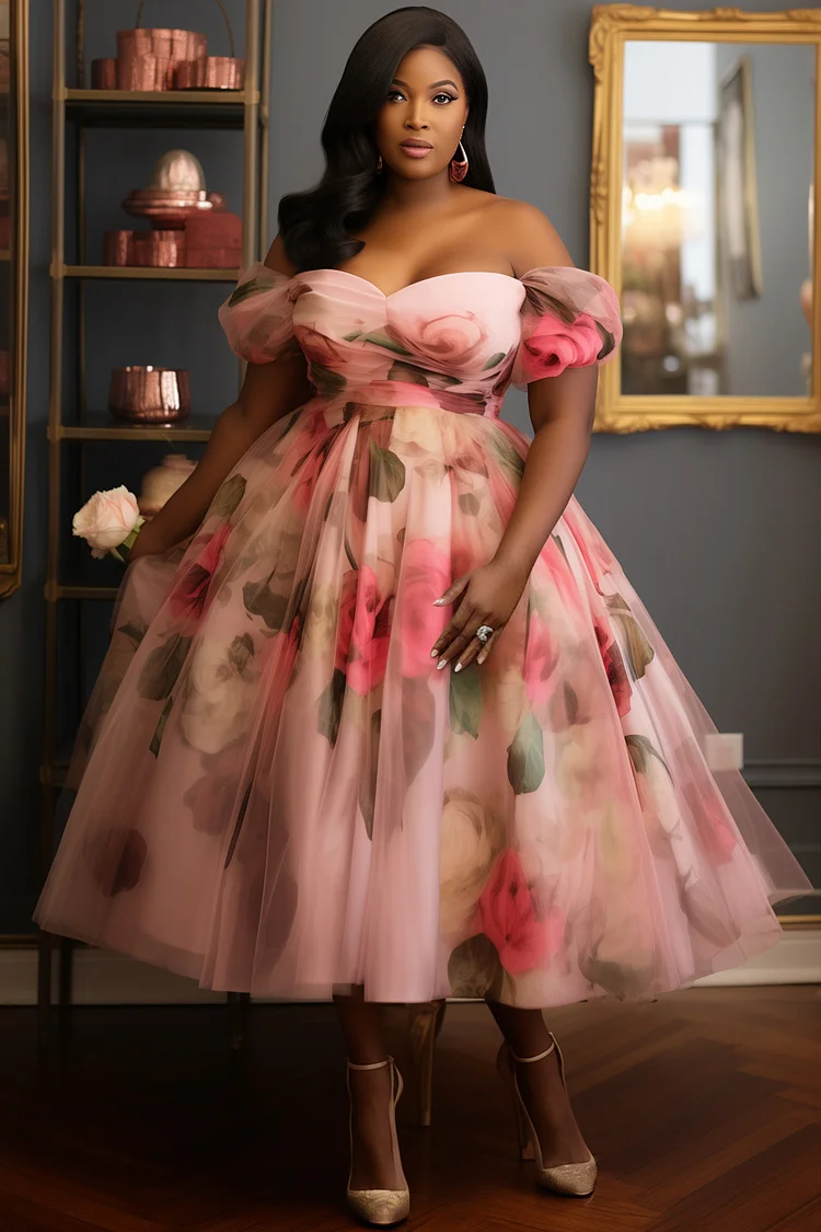 Xpluswear Design Plus Size Wedding Guest Pink Floral Off The Shoulder Sundress Cap Sleeve Tulle Midi Dresses [Pre-Order] 2024 - Xpluswear