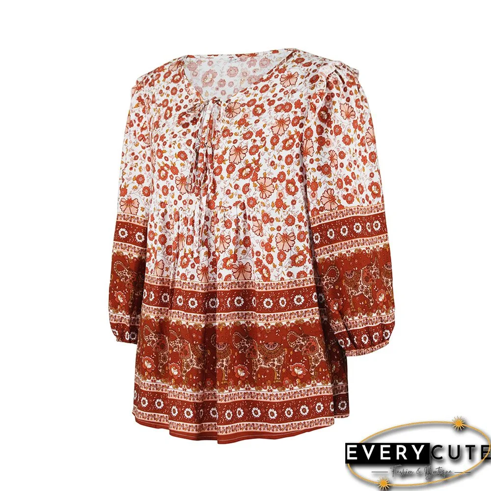 Red Bohemia Style Lace-up Long Sleeve Tops