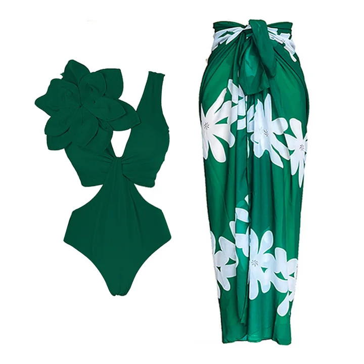 3D Flower Cut out  One Piece Swimsuit and Sarong