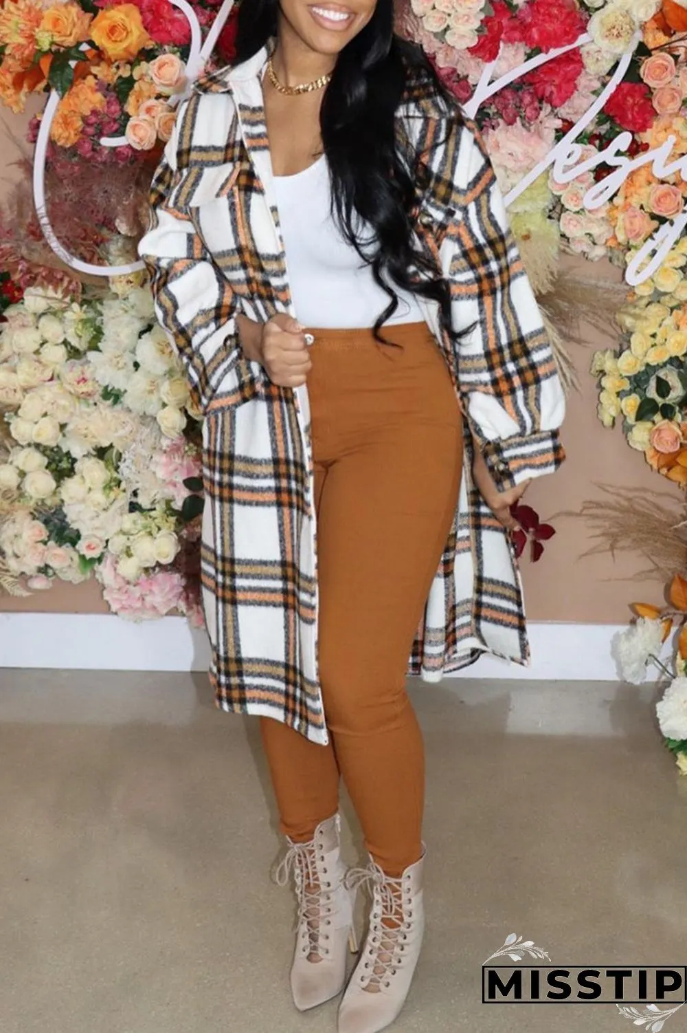 Yellow Fashion Casual Plaid Print Cardigan Turndown Collar Outerwear