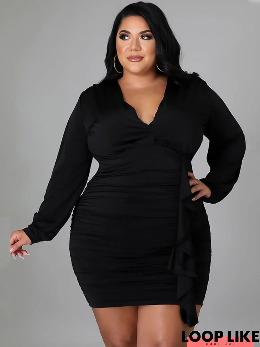 Plus Size Long Sleeve Ruched Bodycon Mini Dresses