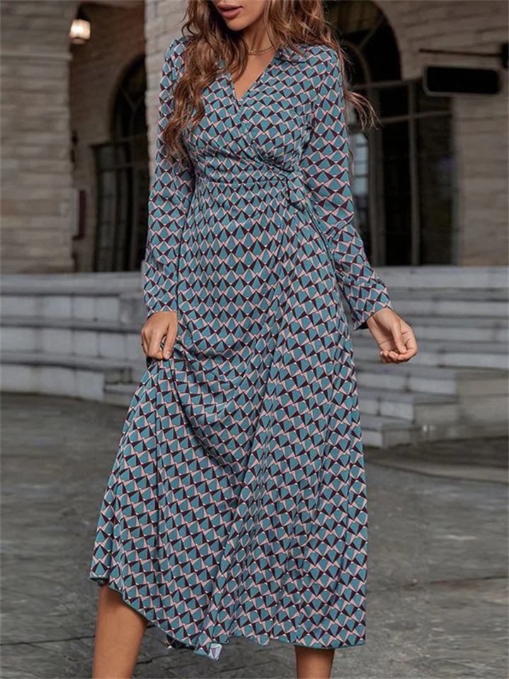 V-neck Long Sleeve Printed Long Dress-Cosfine