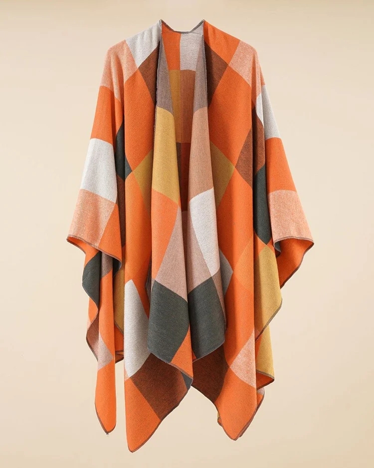 Women's Orange Plaid Casual Cape Shawl