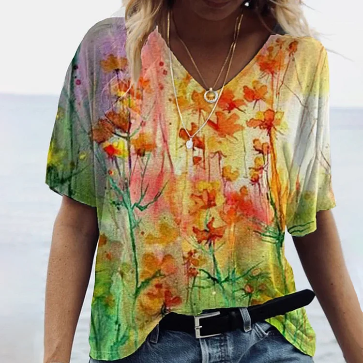 Floral Print V Neck Casual T-Shirt