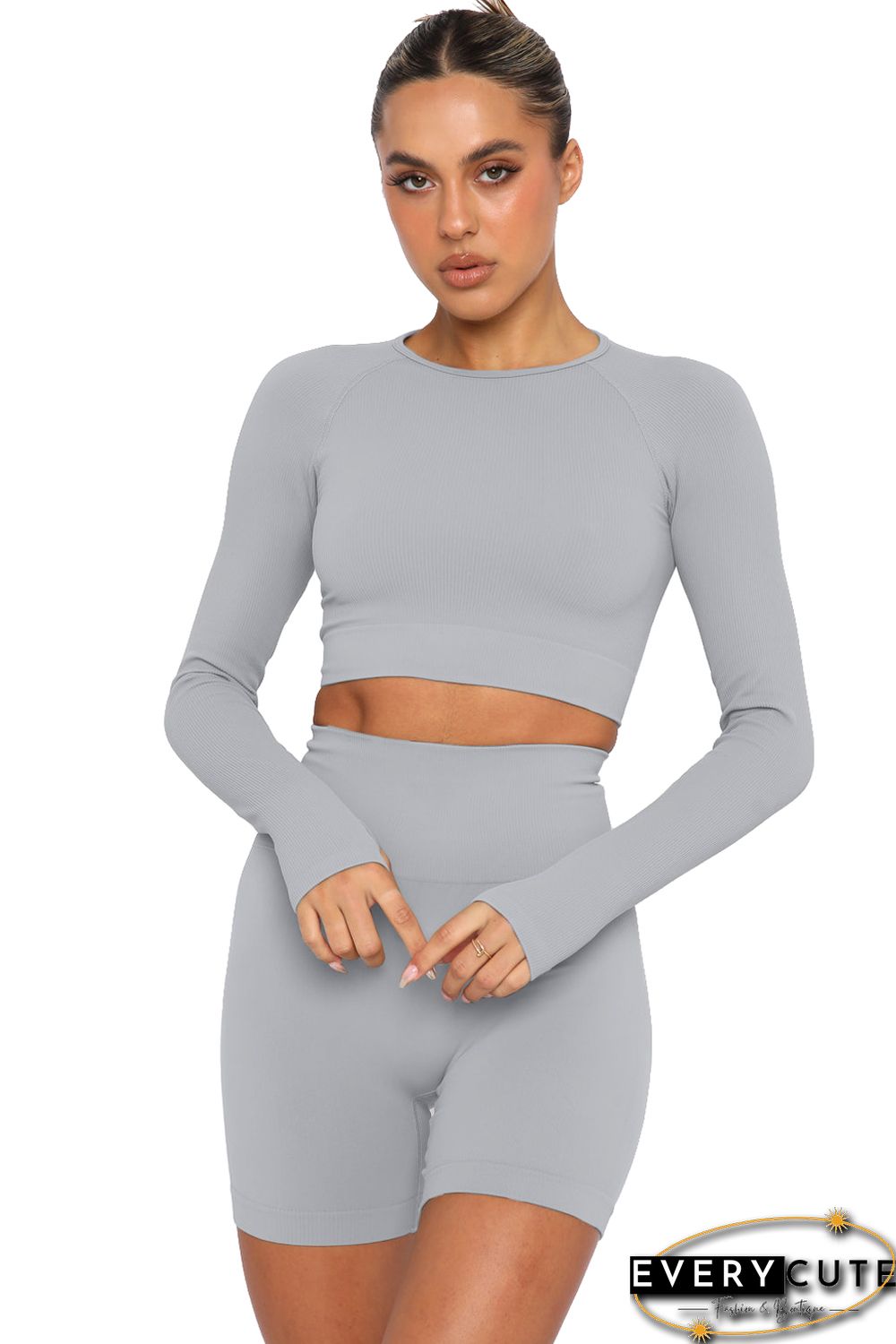 Gray Long Sleeve Seamless Crop Smoke