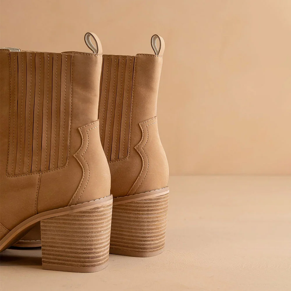 Tan Pointed Toe Embroidered Pull On Ankle Cowgirl Boots for Women