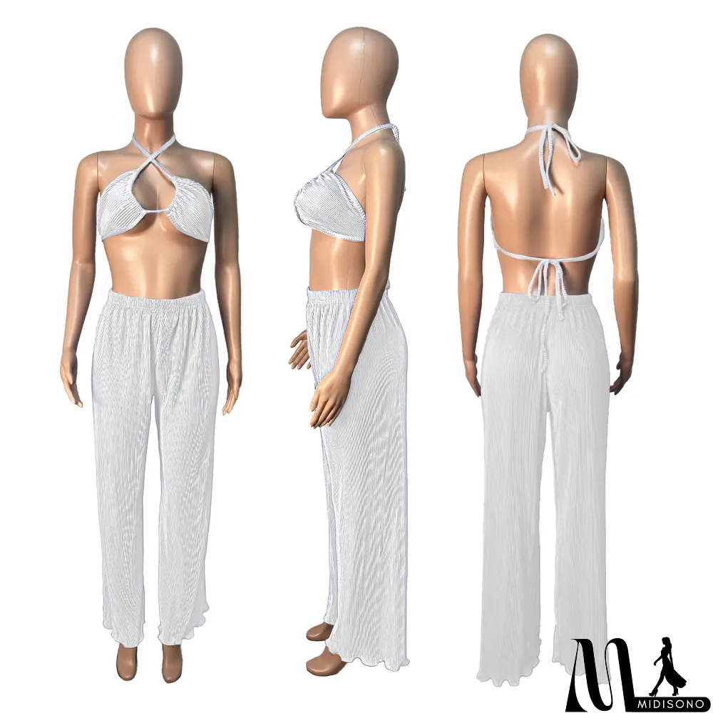 MidiSono - Fall Solid Color Wide Leg Pants Three-Piece Set