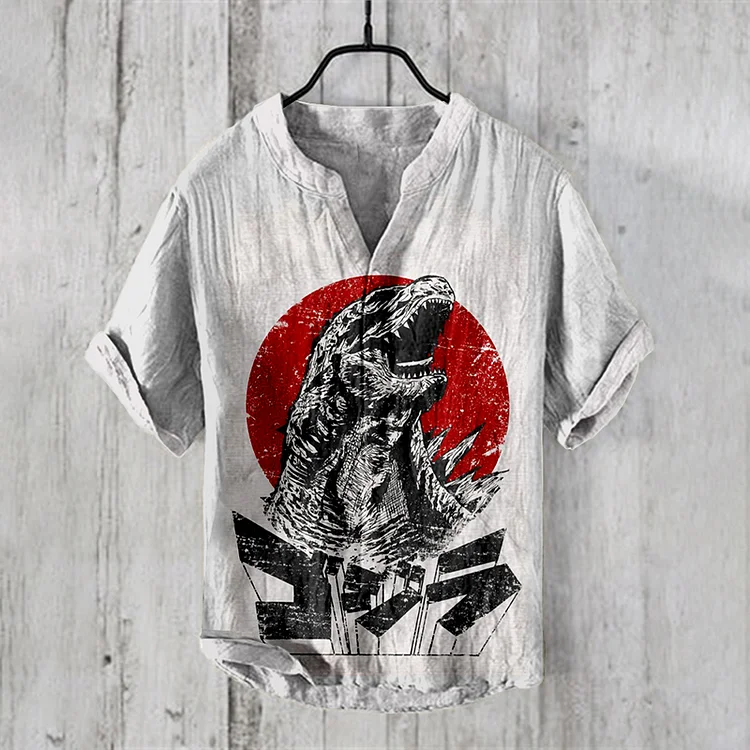Vintage Godzilla & Red Sun Japanese Art Linen Blend Shirt
