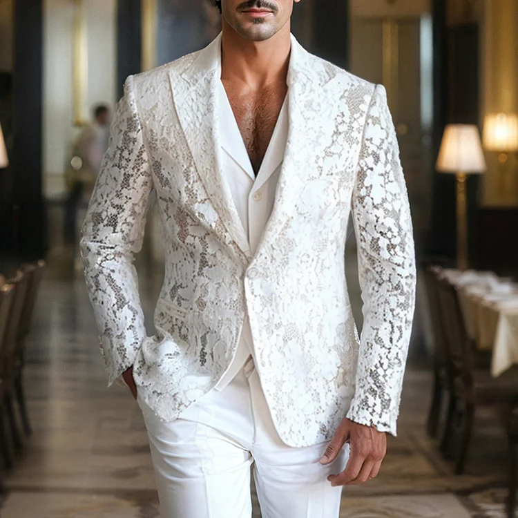 Okaywear See-Through Lace Peak Lapel One Button White Blazer Okaywear