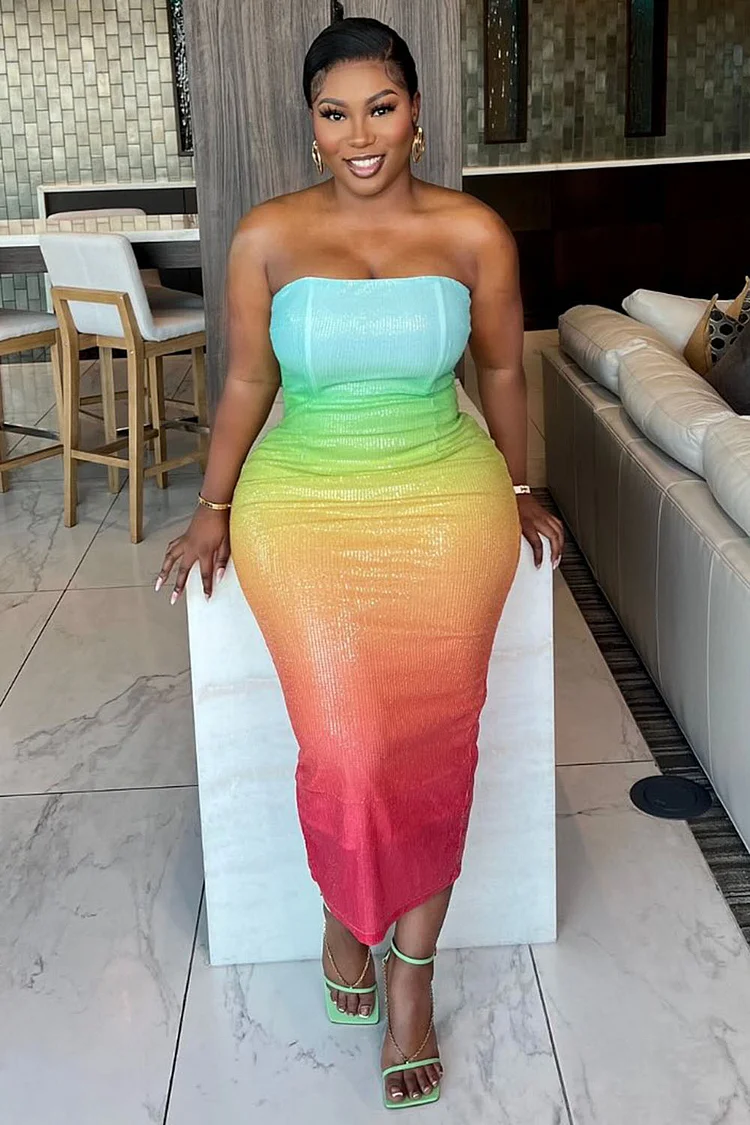 Rainbow Print Strapless Bodycon Party Maxi Dresses-Multicolor [Pre Order]