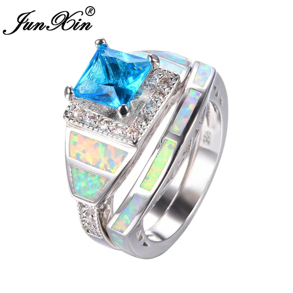 JUNXIN Rainbow/Blue/Pink/Purple Square Zircon Ring Set White Fire Opal Geometric Rings For Women Fashion Engagement Jewelry