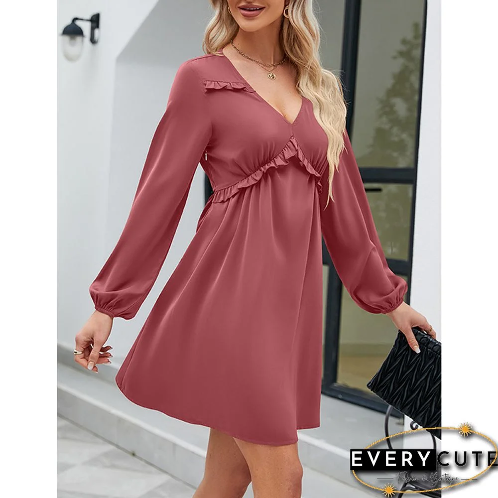 Pink V Neck Ruffle Detail Long Sleeve Dress