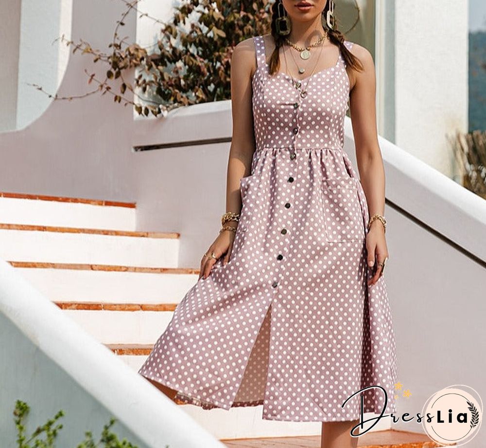 Casual Polka Dot Dress Sleeveless Holiday style high waist buttoned women's Dress Fashion Mid-length summer dresses NEW