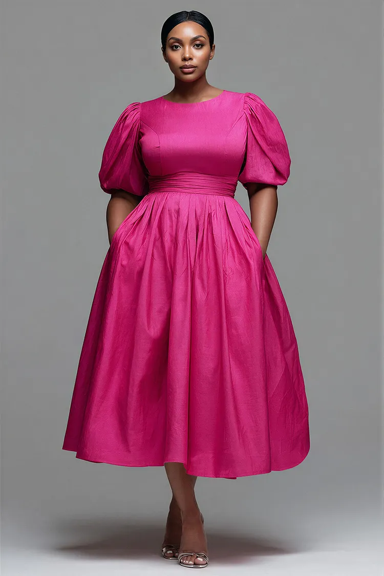 Xpluswear Design Plus Size Cocktail Party Hot Pink Round Neck Puff Sleeve Short Sleeve Pocket Midi Dresses [Pre-Order] 2024 - Xpluswear