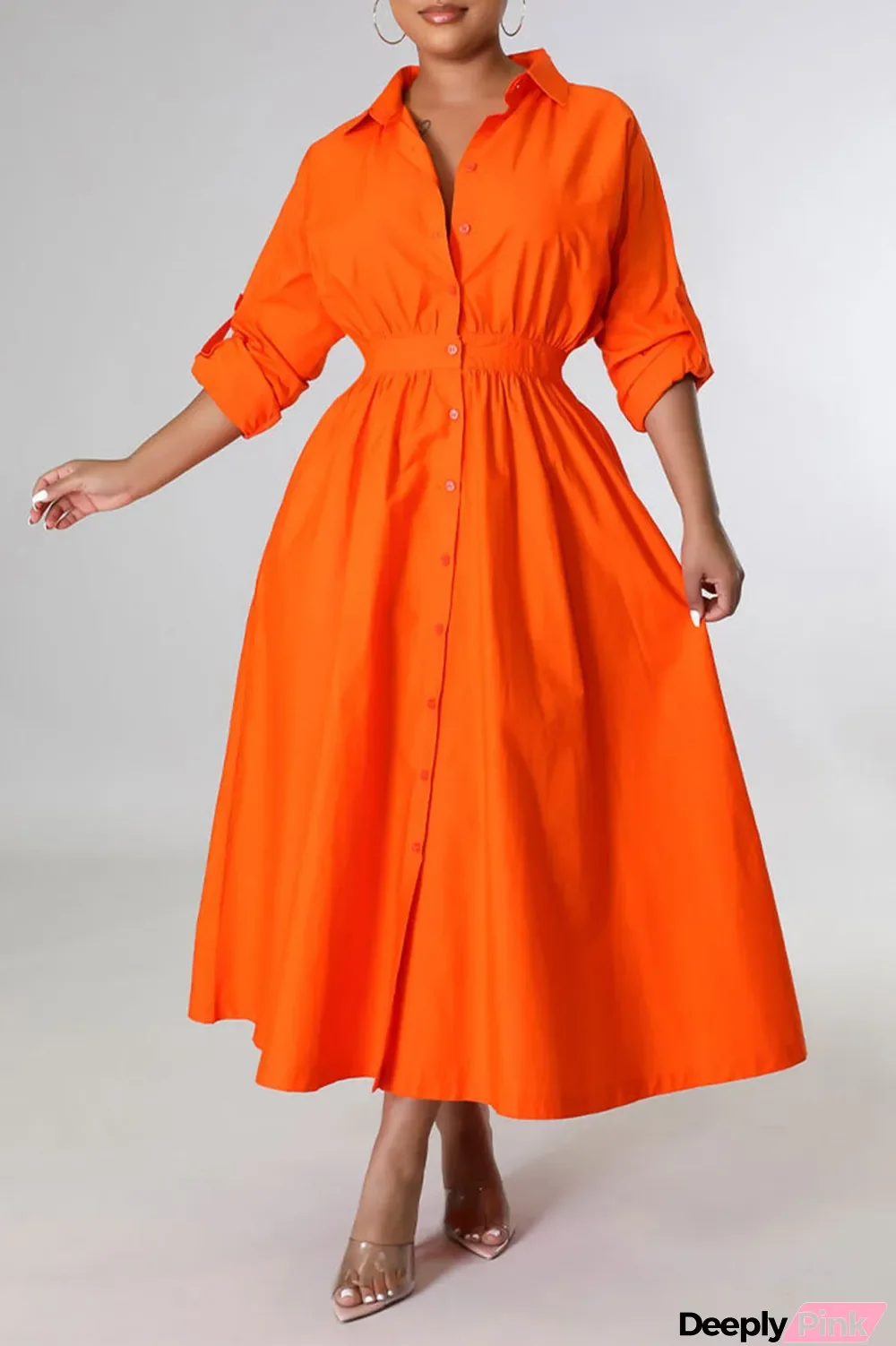 Orange Casual Solid Patchwork Buckle Turndown Collar Shirt Dress Dresses