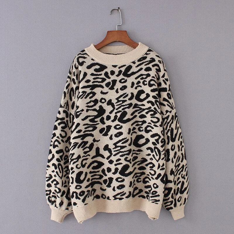 Leopard Knitted Sweater Women Animal Print Winter Sweater Female o-neck Thick Pullover Loose Casual Tops Girls Oversized Sweater