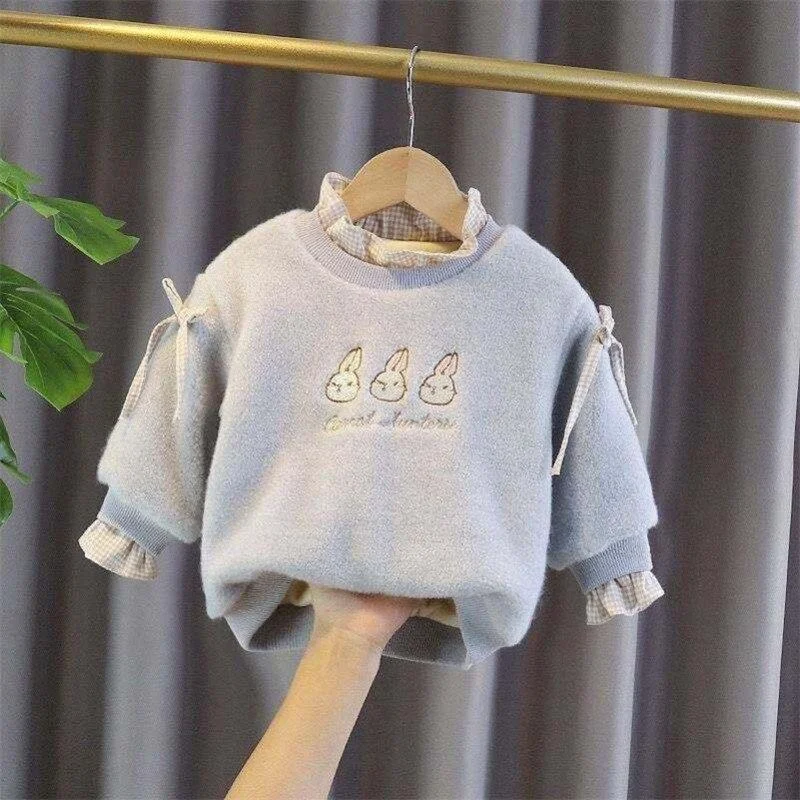 2021 Spring Winter Girl Casual Sweater Children's Knitted Woolen  Kids Cute Bunny Warm Thicken Bowknot Long Sleeve Plus Velvet