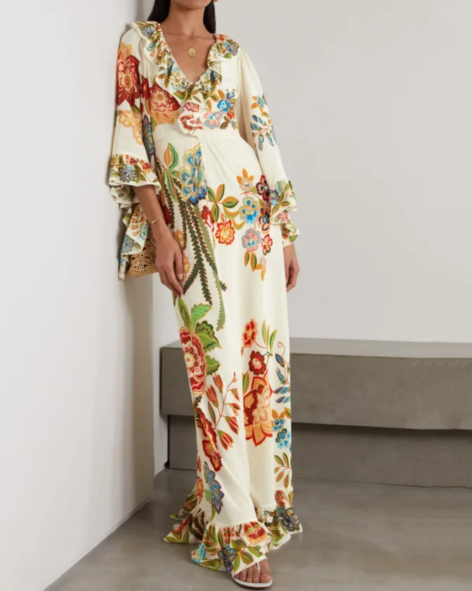 V-neck ruffle print resort maxi dress