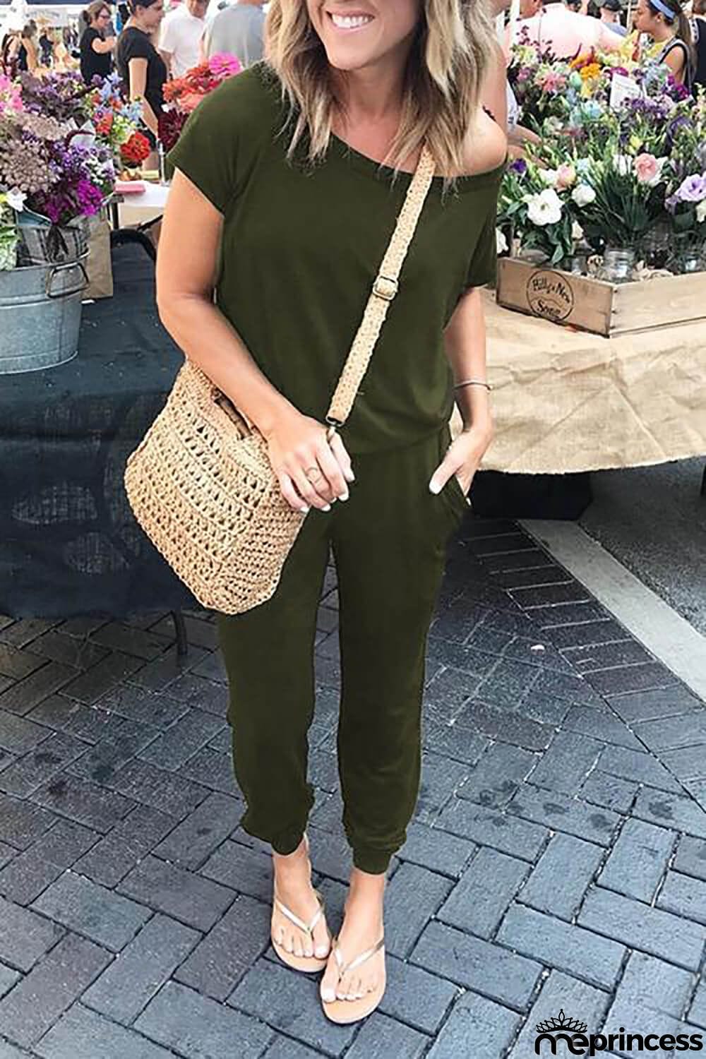 Women's Loose Fit Off Shoulder Jumpsuit Rompers with Pockets