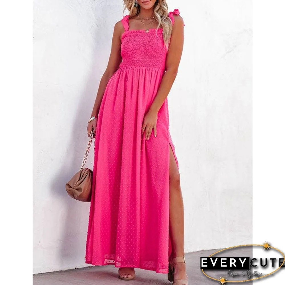 Rosy Smocked Swiss Dot Side Split Maxi Dress
