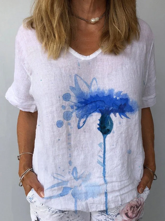 Women's Plant Floral Print Cotton and Linen T-Shirt