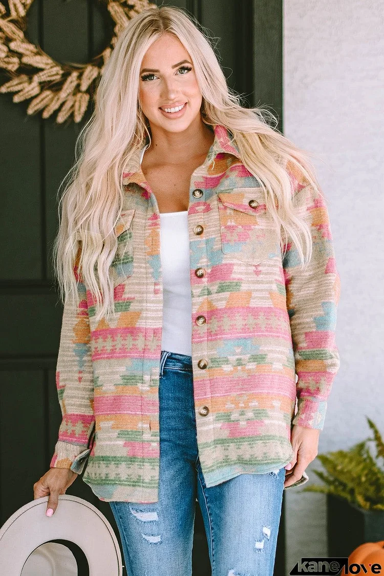 Pink Western Aztec Print Button Flap Pocket Shacket