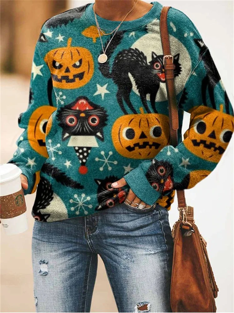Vefave Halloween Pumpkin Black Cat Graphic Sweatshirt